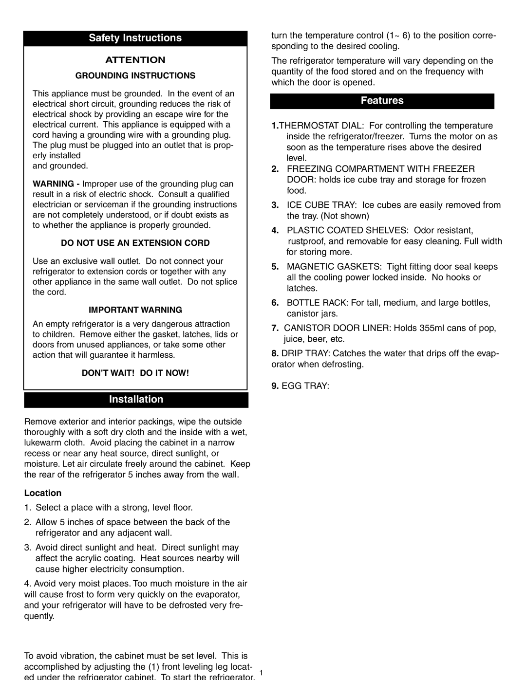 Simplicity SCR412BLS owner manual Safety Instructions, Installation, Features, Location 