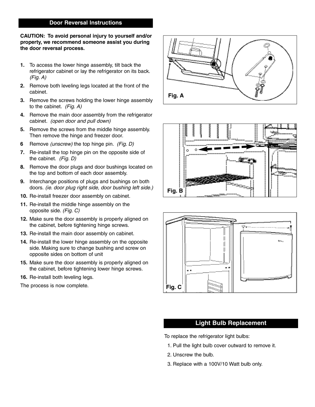 Simplicity SCR412BLS owner manual Light Bulb Replacement, Door Reversal Instructions 