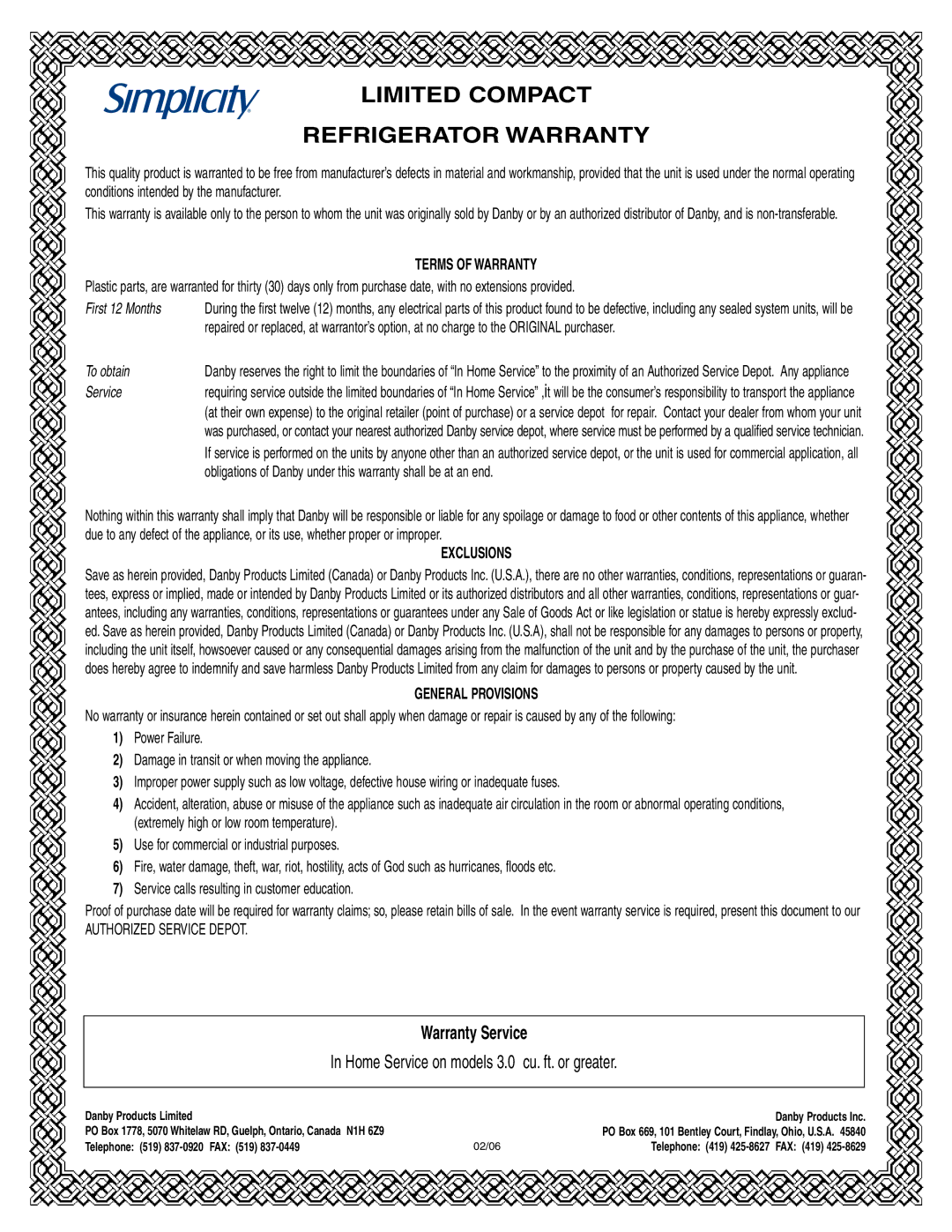 Simplicity SCR412BLS owner manual Limited Compact Refrigerator Warranty, Warranty Service, Terms of Warranty, Exclusions 