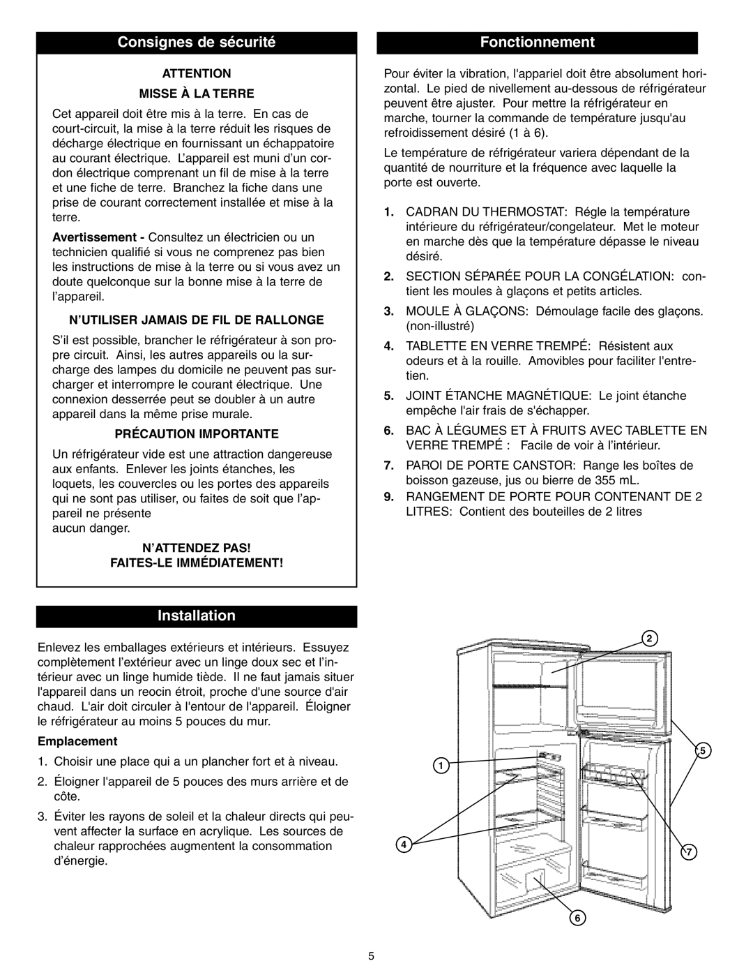 Simplicity SCR412BLS owner manual Consignes de sécurité, Fonctionnement 