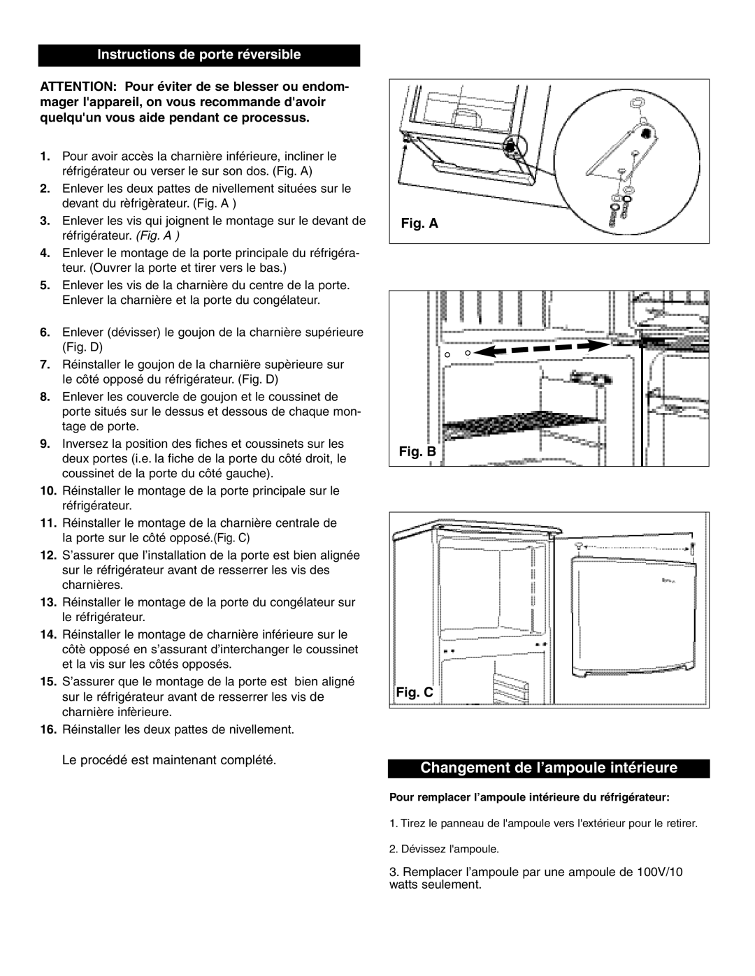 Simplicity SCR412BLS owner manual Changement de l’ampoule intérieure, Instructions de porte réversible 