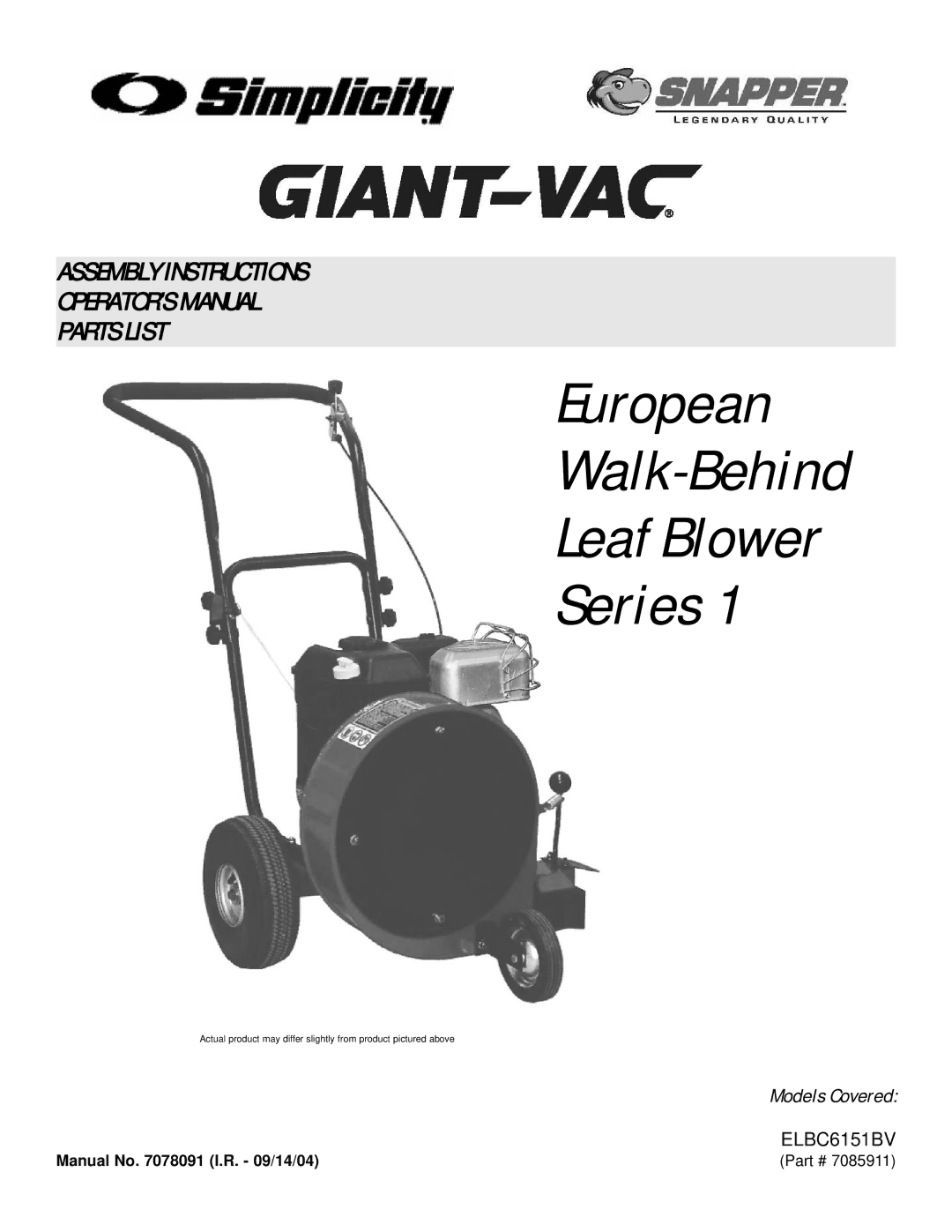 Simplicity Series 1 manual European Walk-Behind Leaf Blower Series 