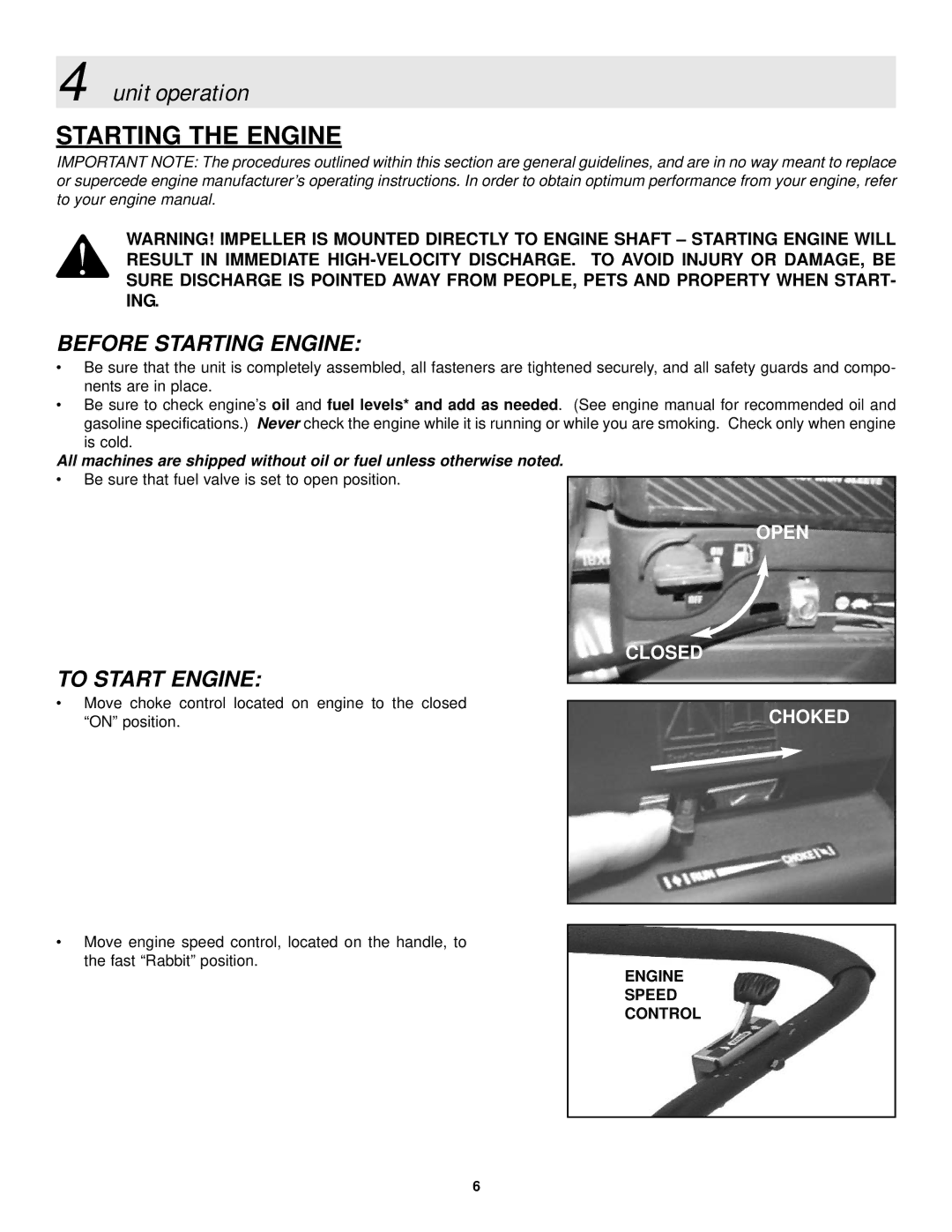 Simplicity Series 1 manual Starting the Engine, Unit operation, Before Starting Engine, To Start Engine 