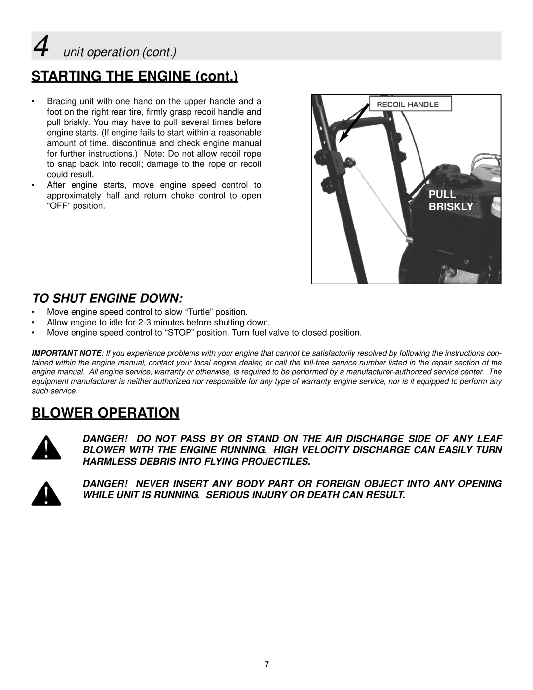 Simplicity Series 1 manual Blower Operation, To Shut Engine Down 