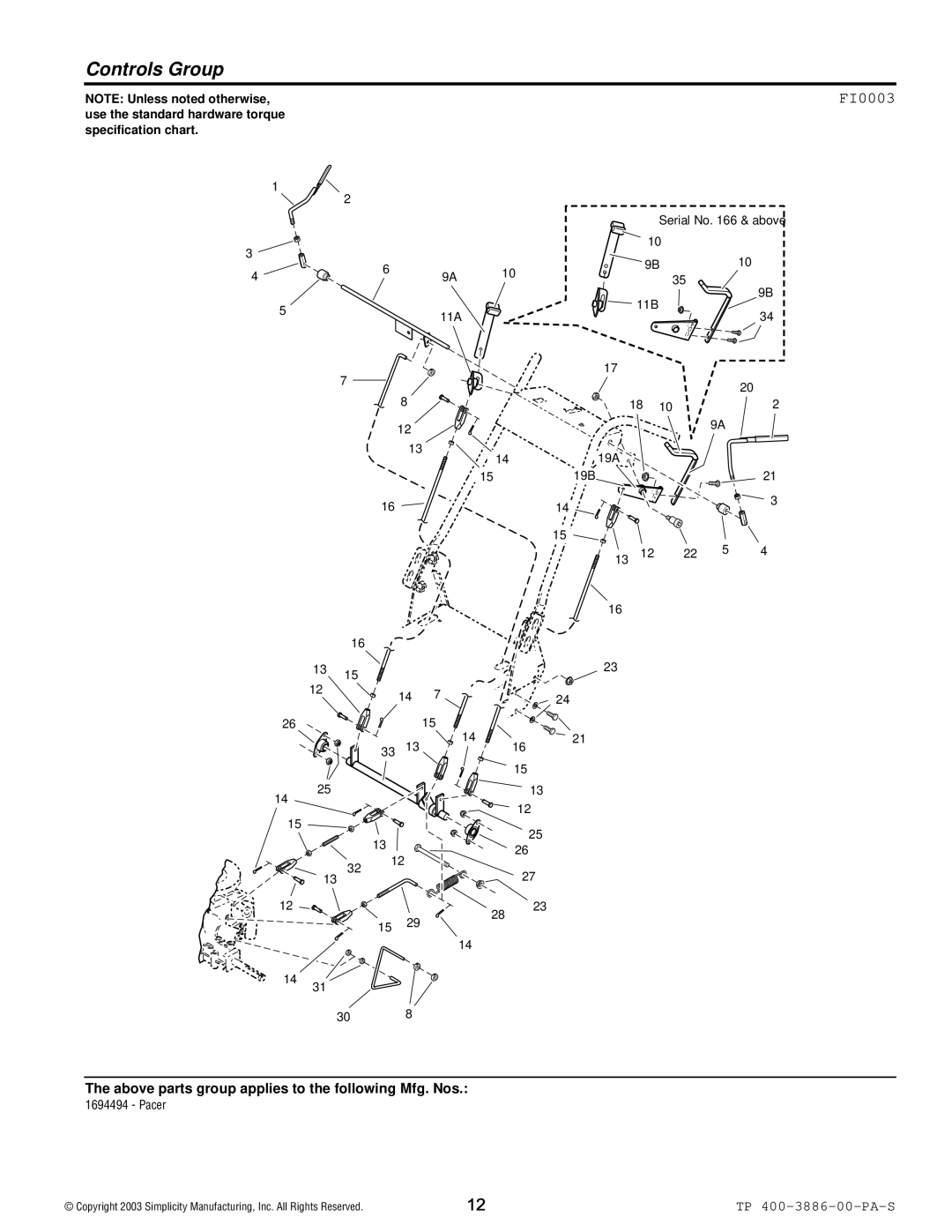 Simplicity Series Transaxle manual Controls Group, FI0003 