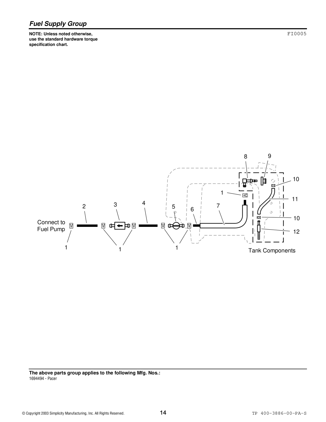 Simplicity Series Transaxle manual Fuel Supply Group, FI0005 