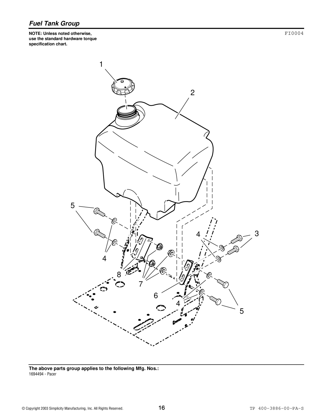 Simplicity Series Transaxle manual Fuel Tank Group, FI0004 