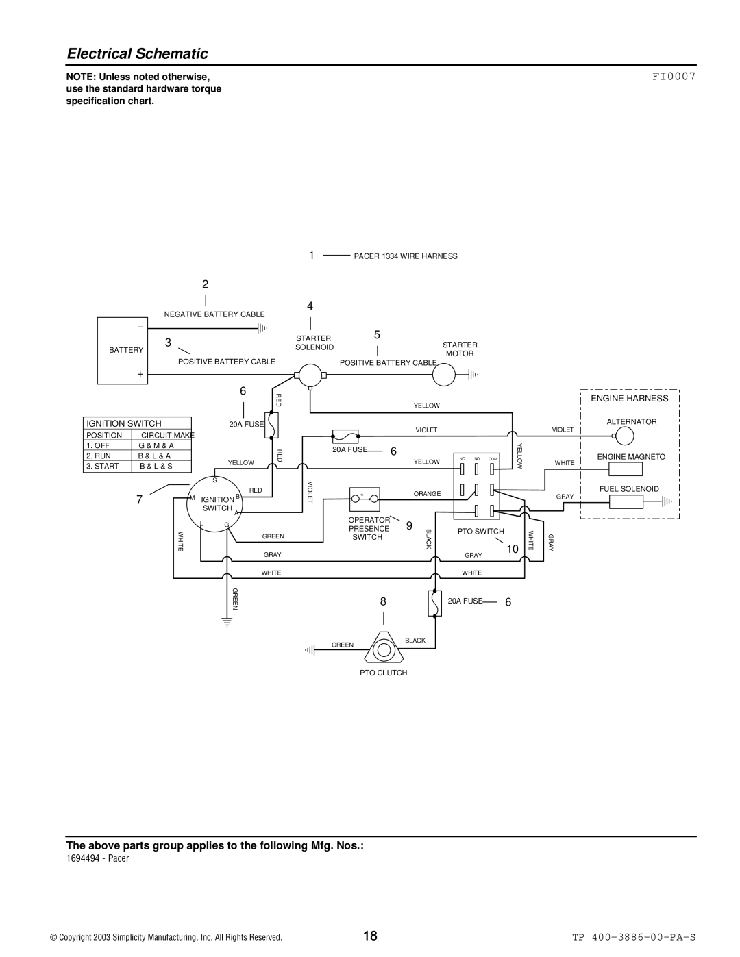 Simplicity Series Transaxle manual Electrical Schematic, FI0007 