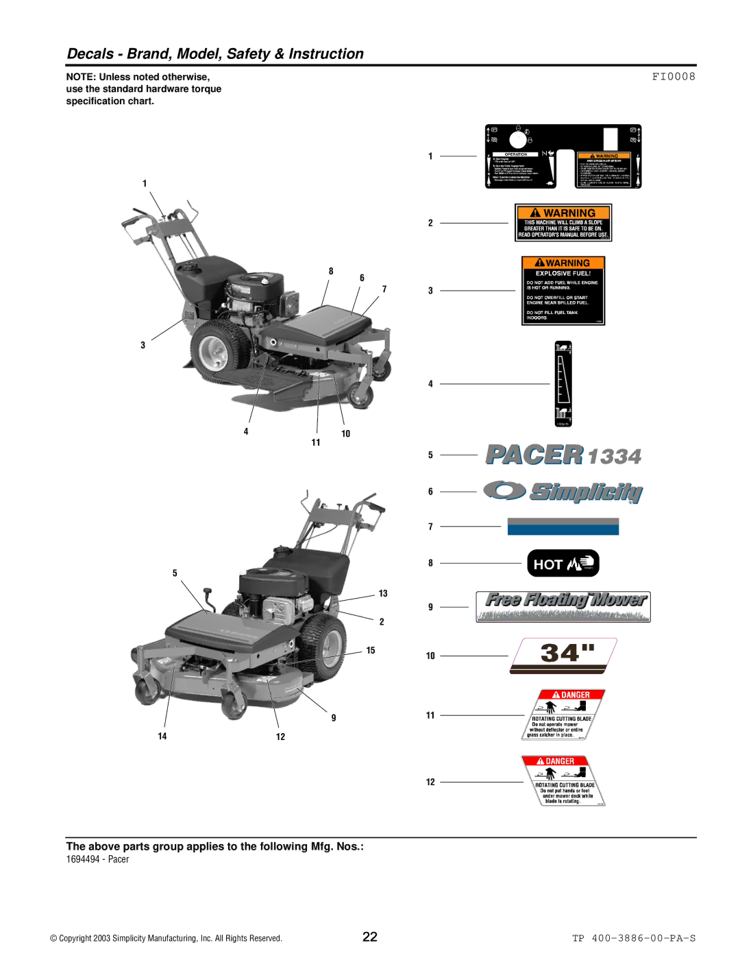 Simplicity Series Transaxle manual Decals Brand, Model, Safety & Instruction, FI0008 