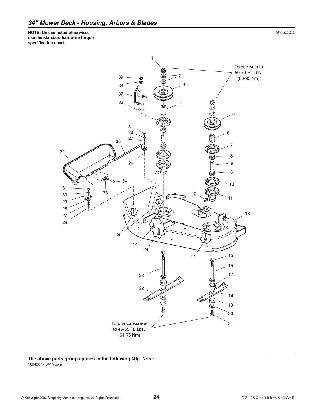 Simplicity Series Transaxle manual Mower Deck Housing, Arbors & Blades, 986220 