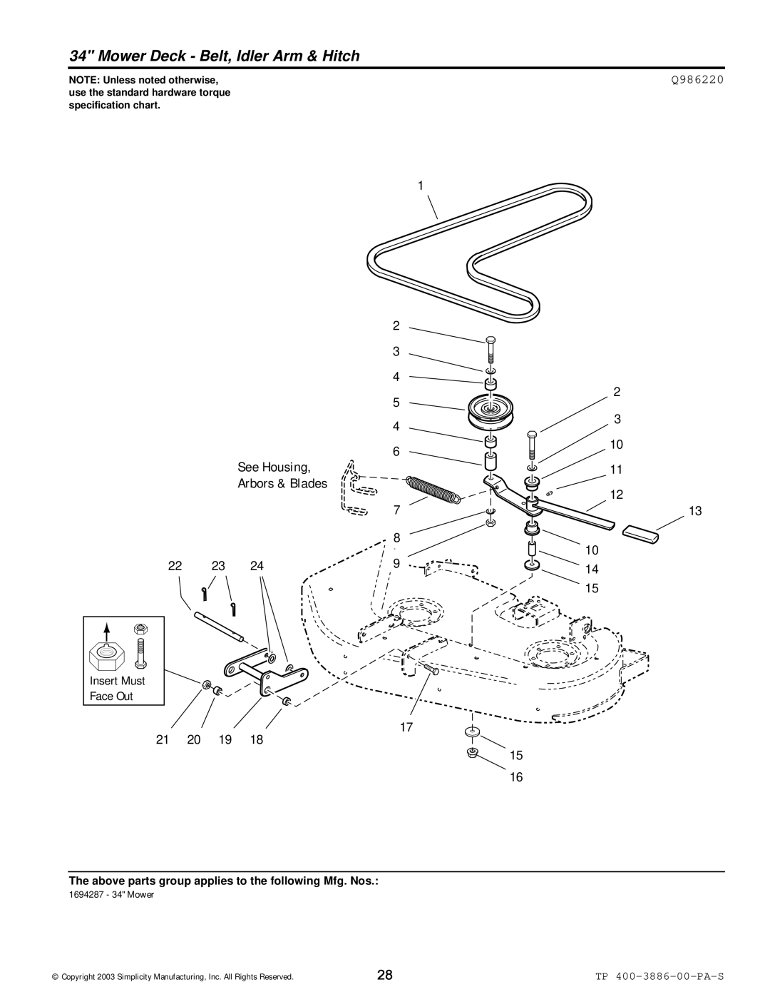 Simplicity Series Transaxle manual Mower Deck Belt, Idler Arm & Hitch, 21 20 19 