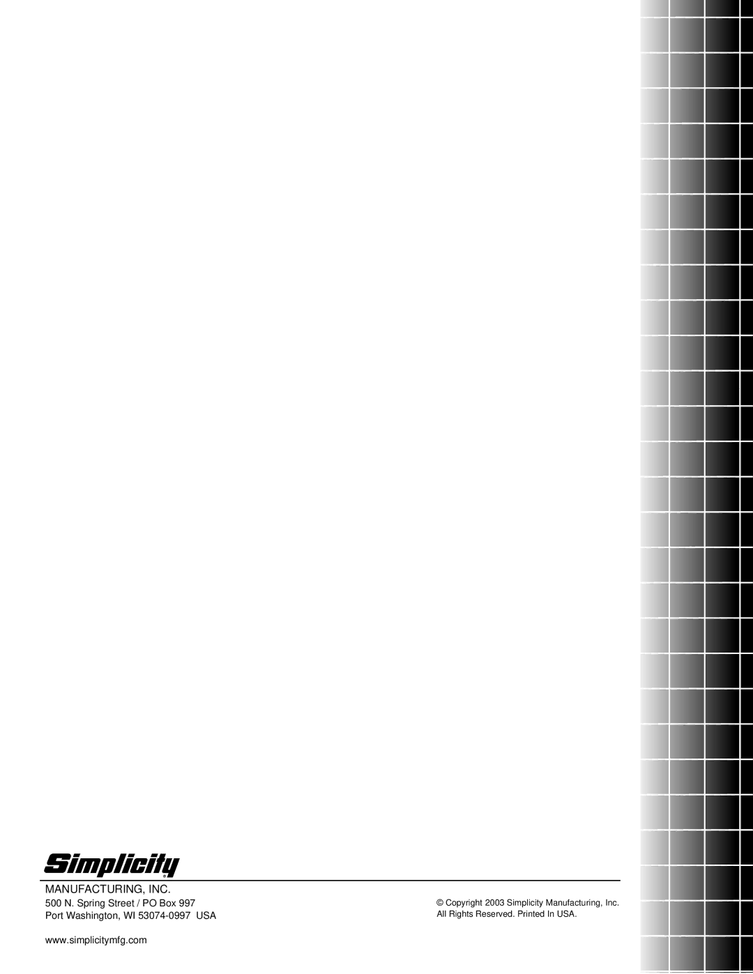 Simplicity Series Transaxle manual Manufacturing, Inc 