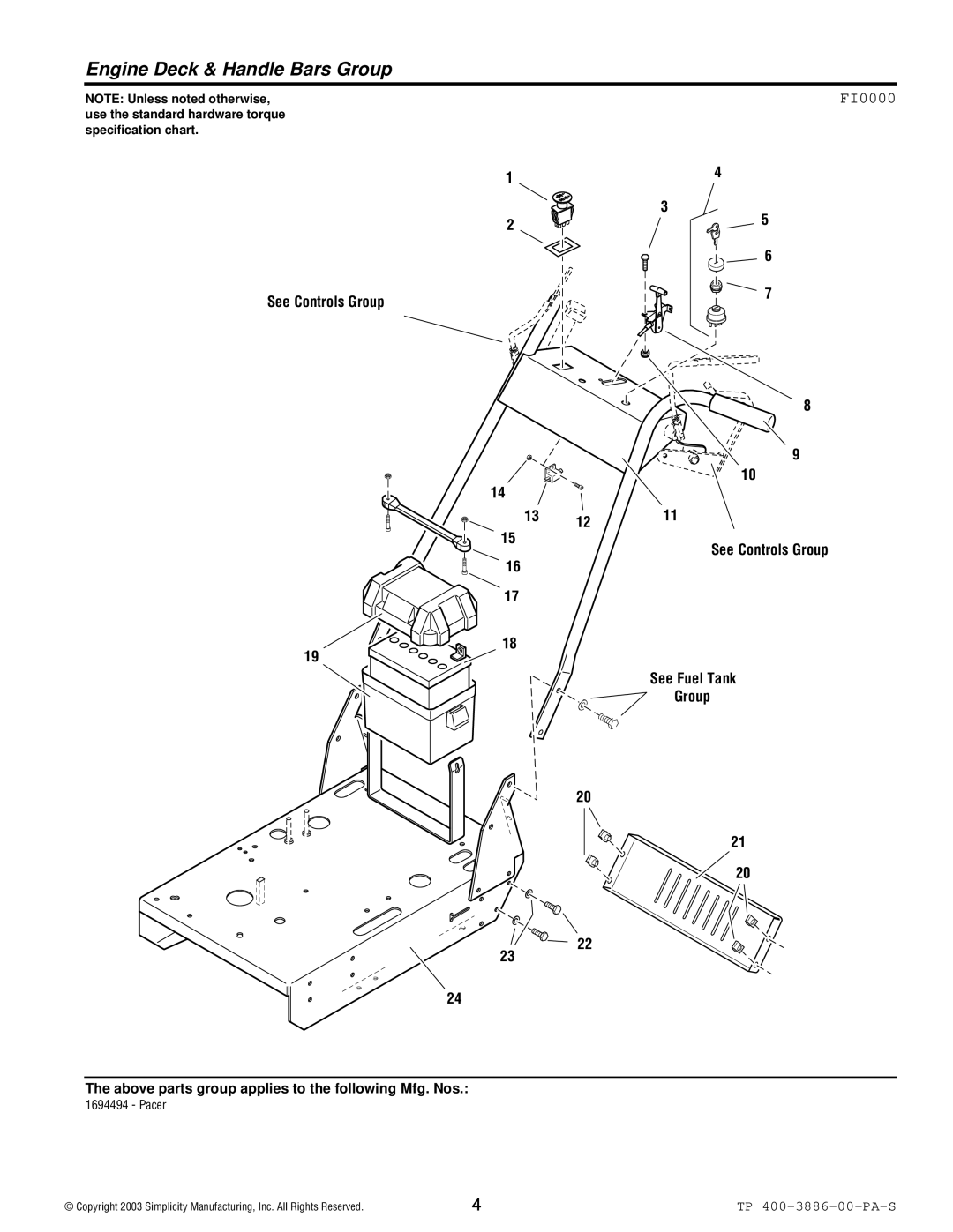 Simplicity Series Transaxle manual Engine Deck & Handle Bars Group, See Controls Group See Fuel Tank 