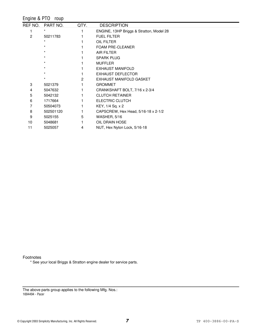 Simplicity Series Transaxle Fuel Filter, OIL Filter, Foam PRE-CLEANER, AIR Filter, Spark Plug, Muffler, Exhaust Manifold 