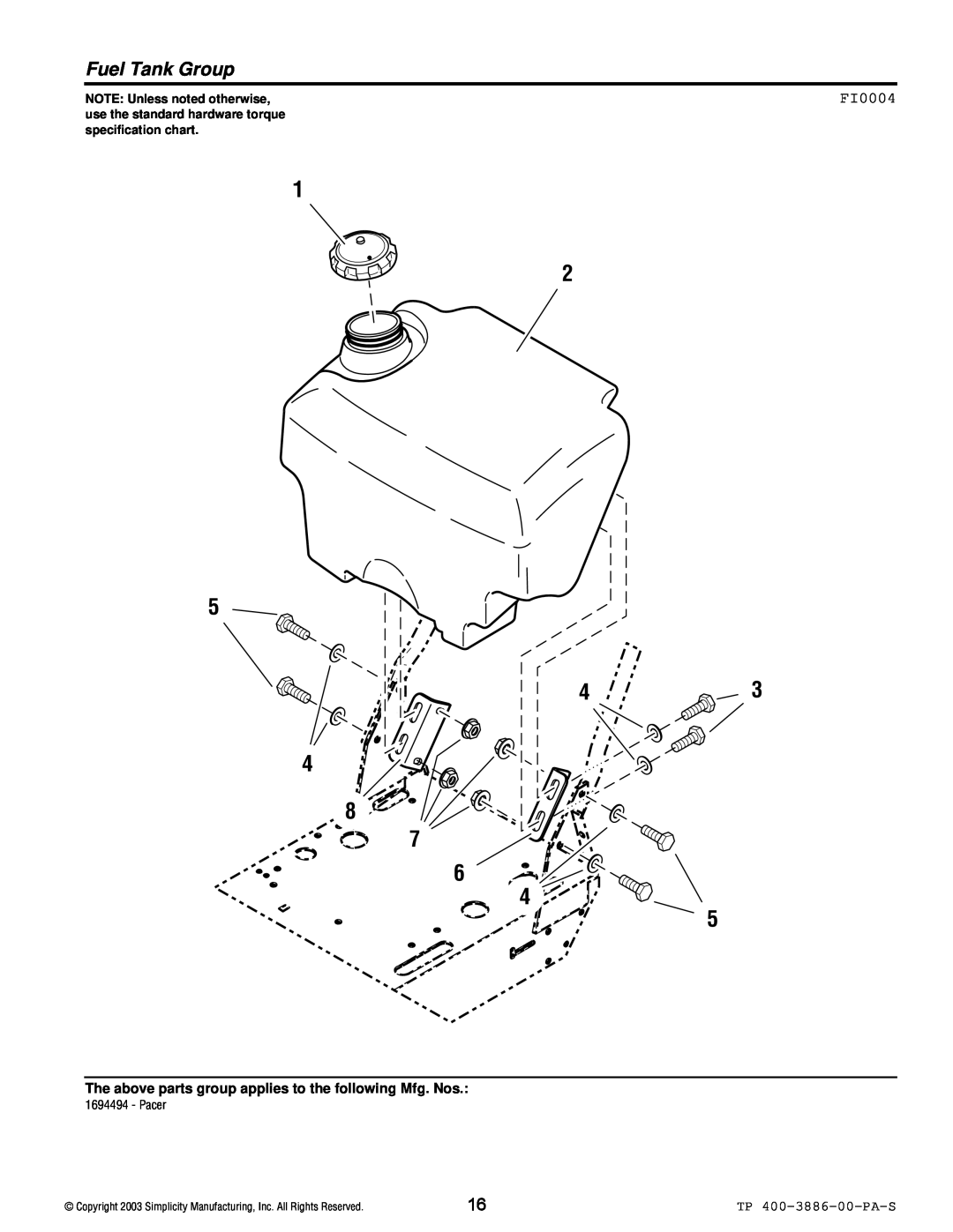 Simplicity Series Transaxle manual 43 4 8, Fuel Tank Group, FI0004, TP 400-3886-00-PA-S, NOTE Unless noted otherwise 
