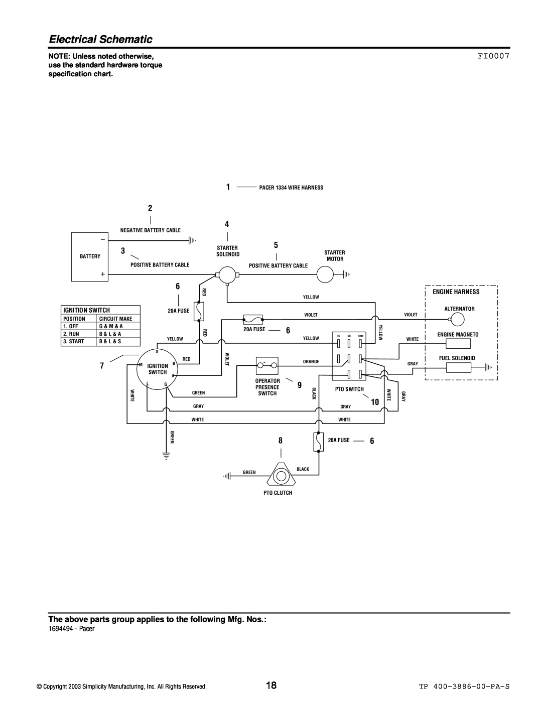 Simplicity Series Transaxle manual Electrical Schematic, FI0007 