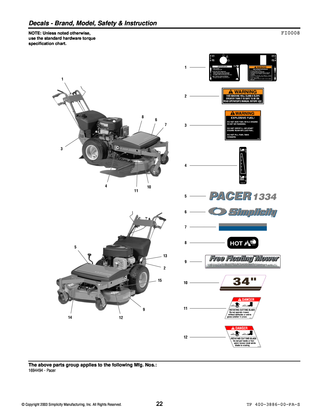 Simplicity Series Transaxle manual Decals - Brand, Model, Safety & Instruction, FI0008, TP 400-3886-00-PA-S, 5 6 