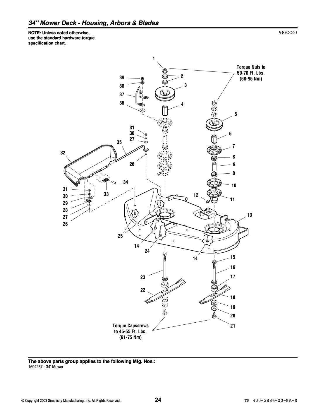 Simplicity Series Transaxle manual Mower Deck - Housing, Arbors & Blades, 986220 