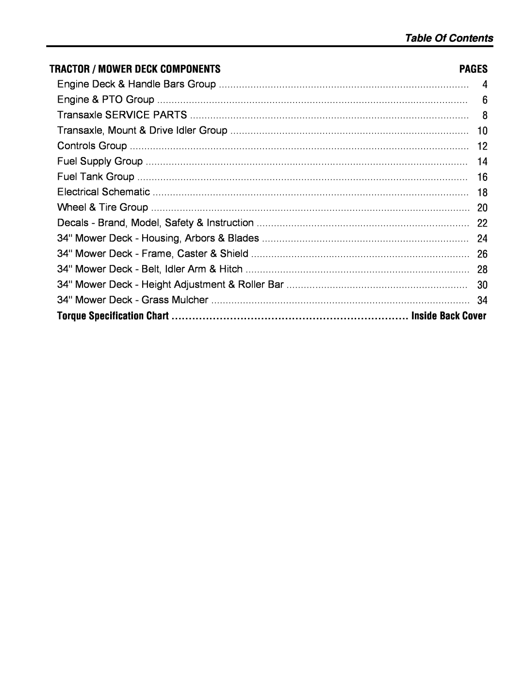 Simplicity Series Transaxle manual Table Of Contents, Tractor / Mower Deck Components, Pages, Torque Specification Chart 