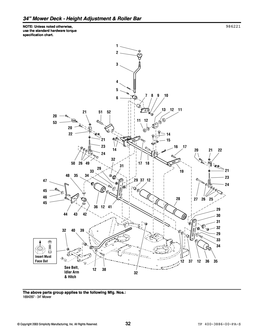 Simplicity Series Transaxle manual Mower Deck - Height Adjustment & Roller Bar, 986221 