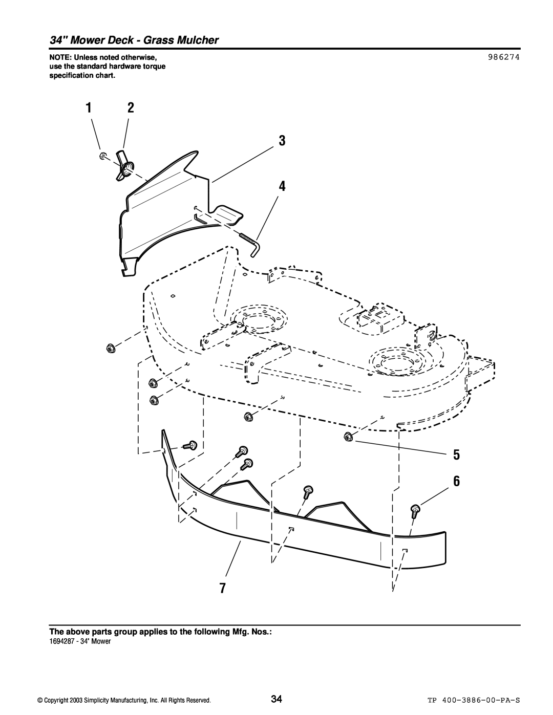 Simplicity Series Transaxle Mower Deck - Grass Mulcher, 986274, 1 3 4, TP 400-3886-00-PA-S, NOTE Unless noted otherwise 
