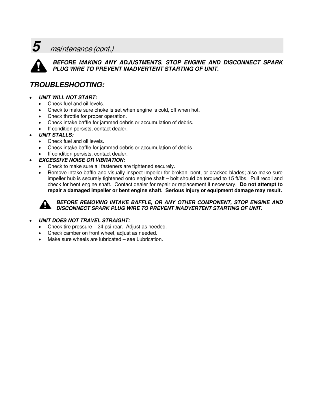 Simplicity SMLBC55151BV manual Troubleshooting, Unit will not Start 