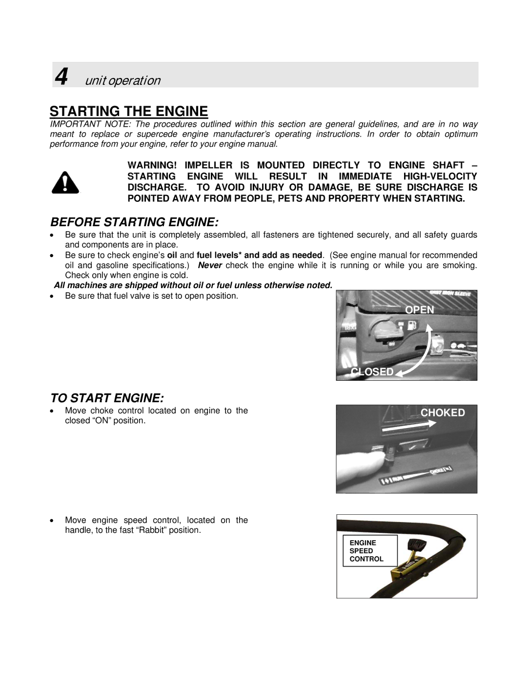 Simplicity SMLBC55151BV manual Unit operation, Before Starting Engine, To Start Engine 