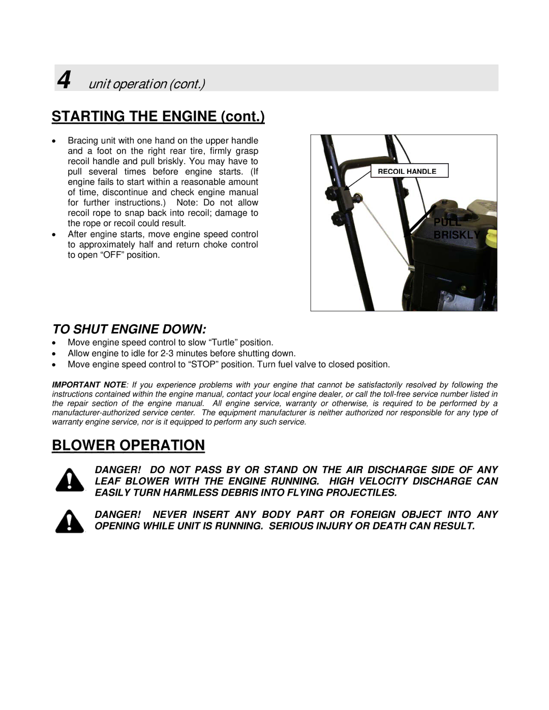 Simplicity SMLBC55151BV manual Starting the Engine, To Shut Engine Down 