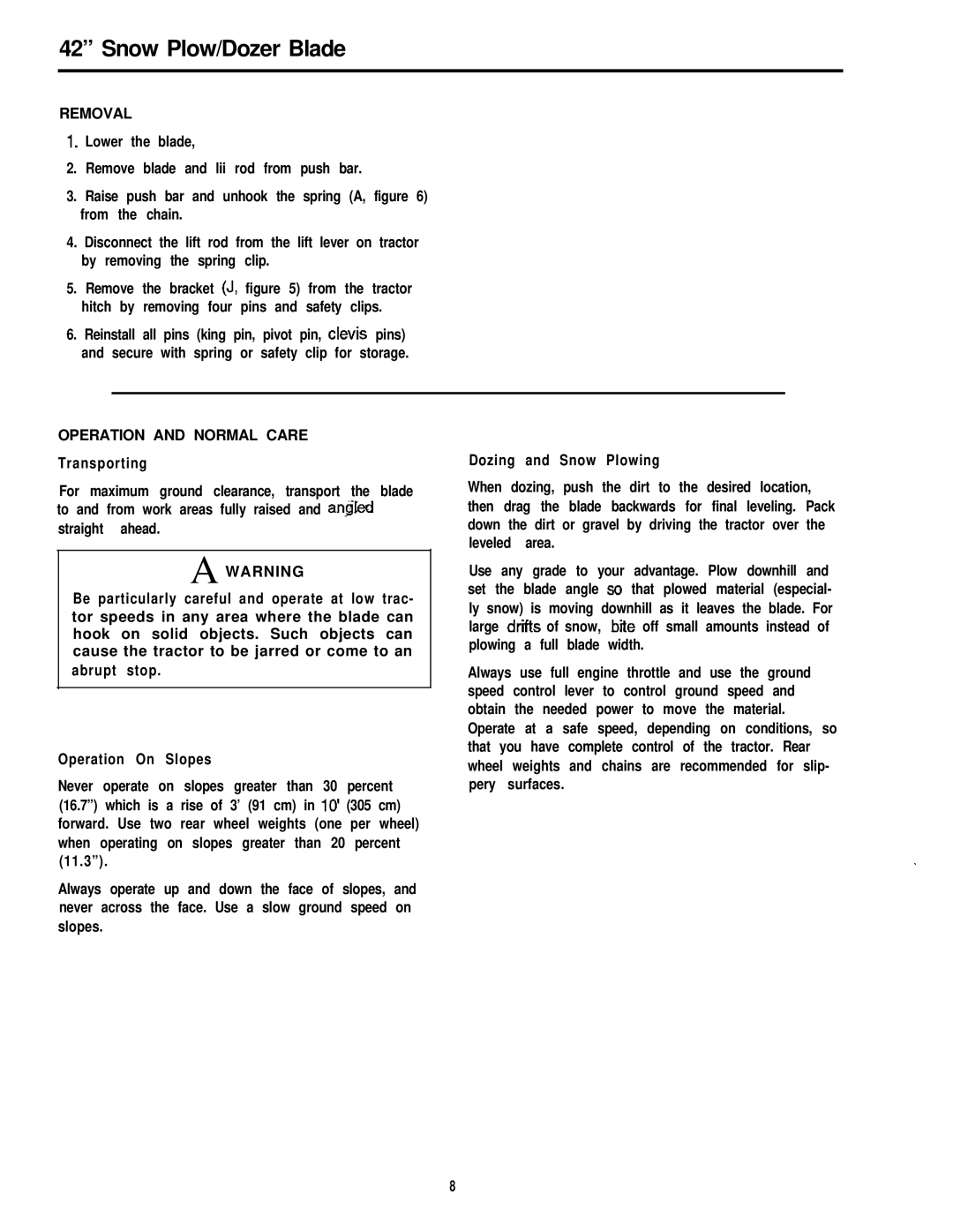 Simplicity Snow Plow/Dozer Blade manual Removal, Operation and Normal Care 