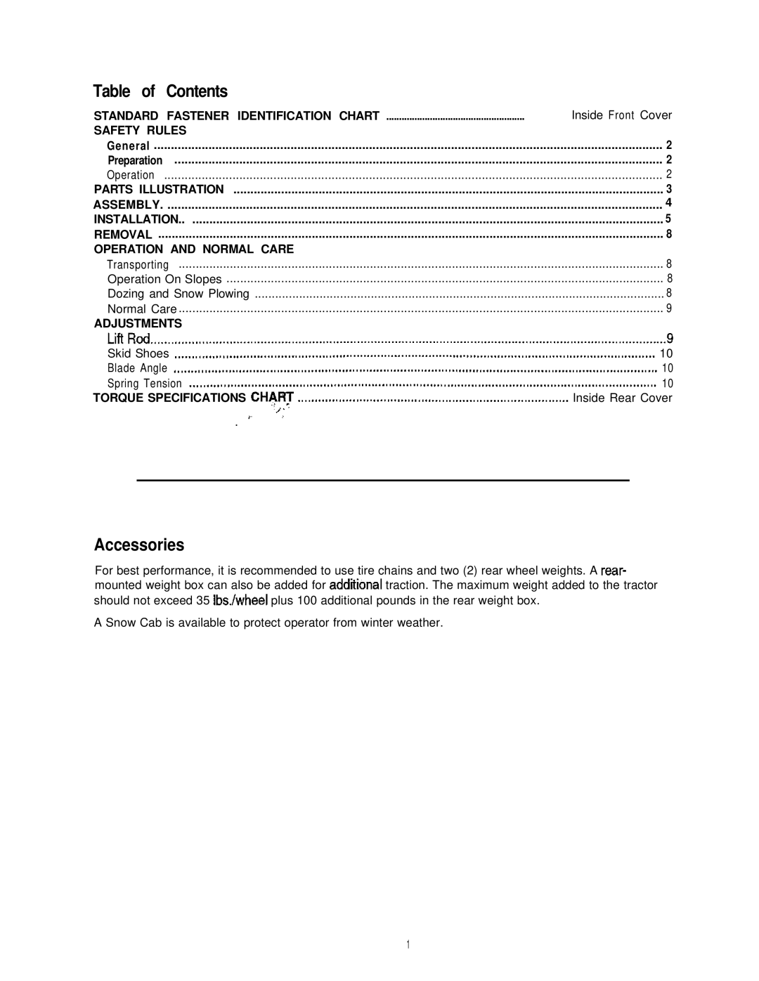 Simplicity Snow Plow/Dozer Blade manual Table of Contents 