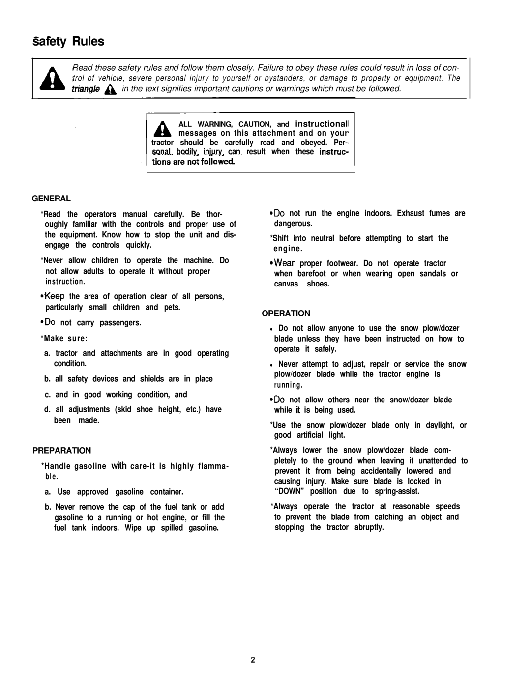 Simplicity Snow Plow/Dozer Blade manual General, Preparation, Operation 