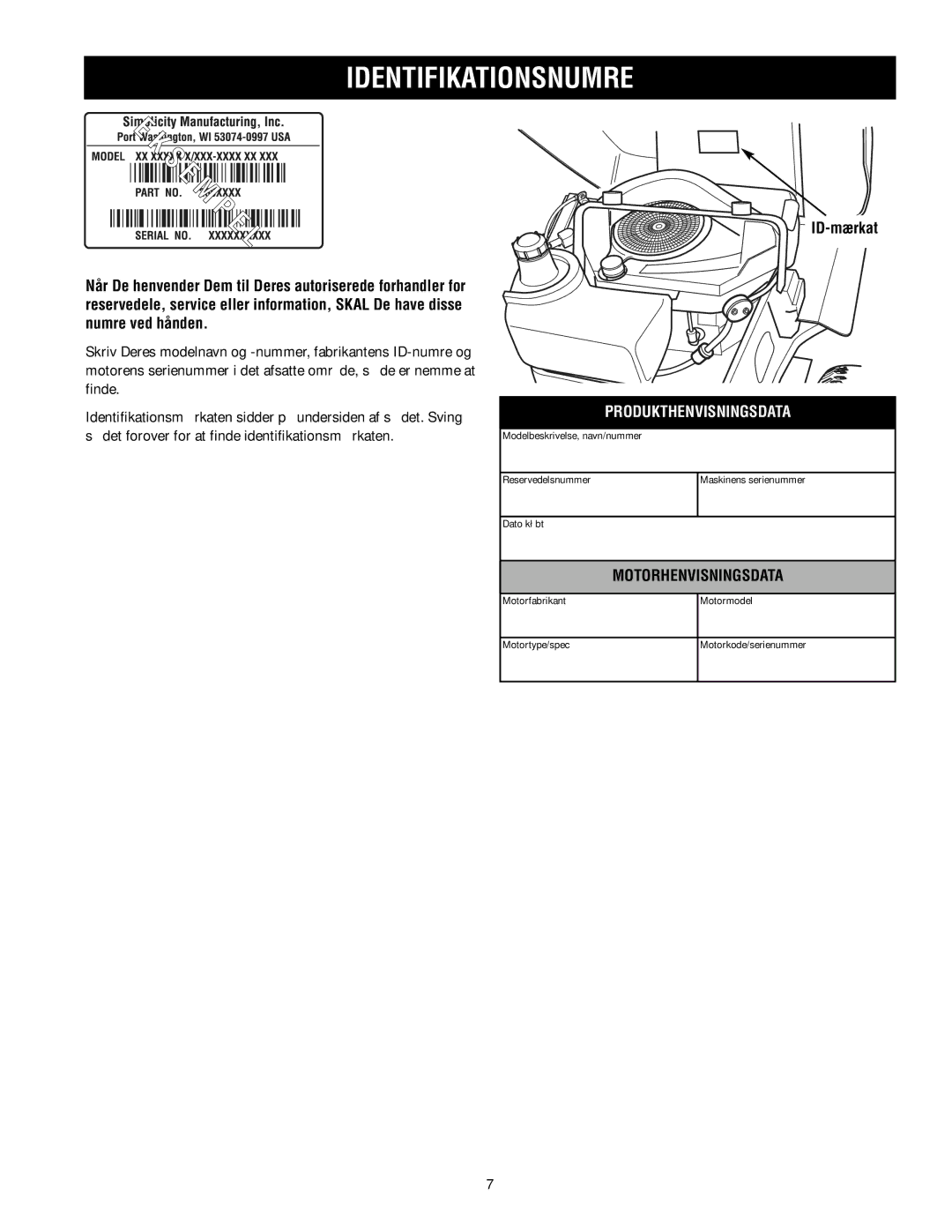 Simplicity TP 113 4470 02 instruction sheet Identifikationsnumre, ID-mærkat 