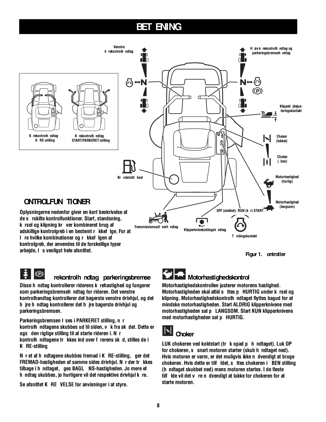 Simplicity TP 113 4470 02 instruction sheet Betjening, Kontrolfunktioner, Motorhastighedskontrol, Choker 