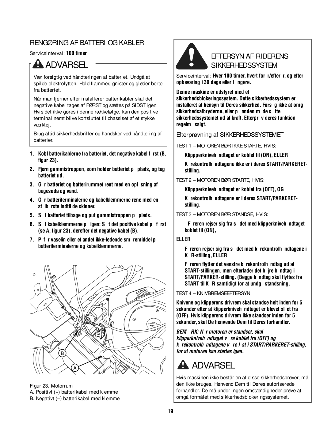 Simplicity TP 113 4470 02 instruction sheet Rengøring AF Batteri OG Kabler, Eftersyn AF Riderens Sikkerhedssystem 