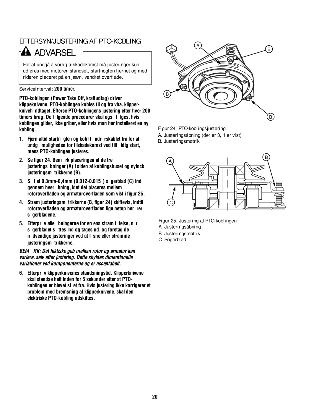 Simplicity TP 113 4470 02 instruction sheet Eftersyn/Justering Af Pto-Kobling, Serviceinterval 200 timer 