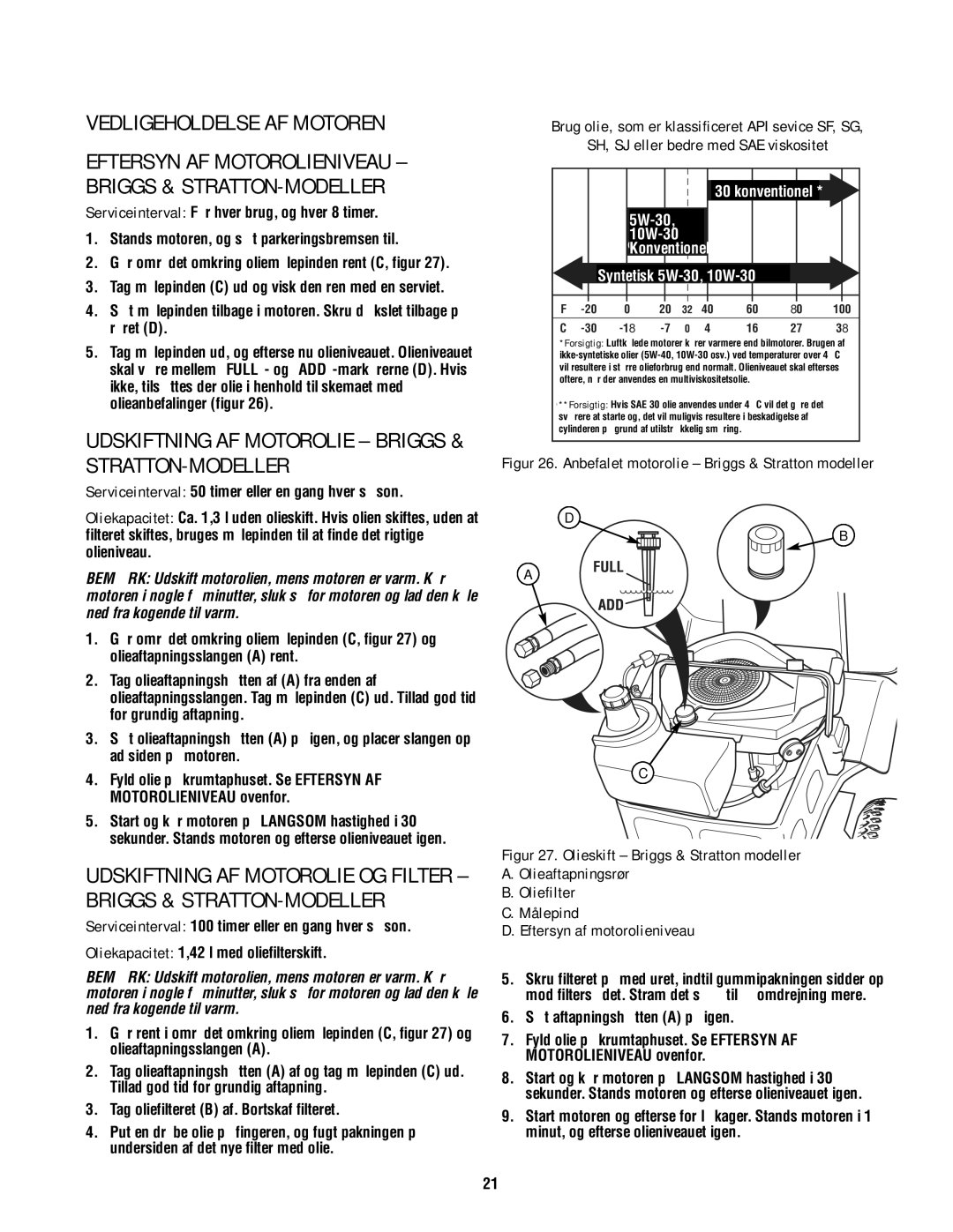 Simplicity TP 113 4470 02 instruction sheet Vedligeholdelse AF Motoren, Udskiftning AF Motorolie Briggs & STRATTON-MODELLER 