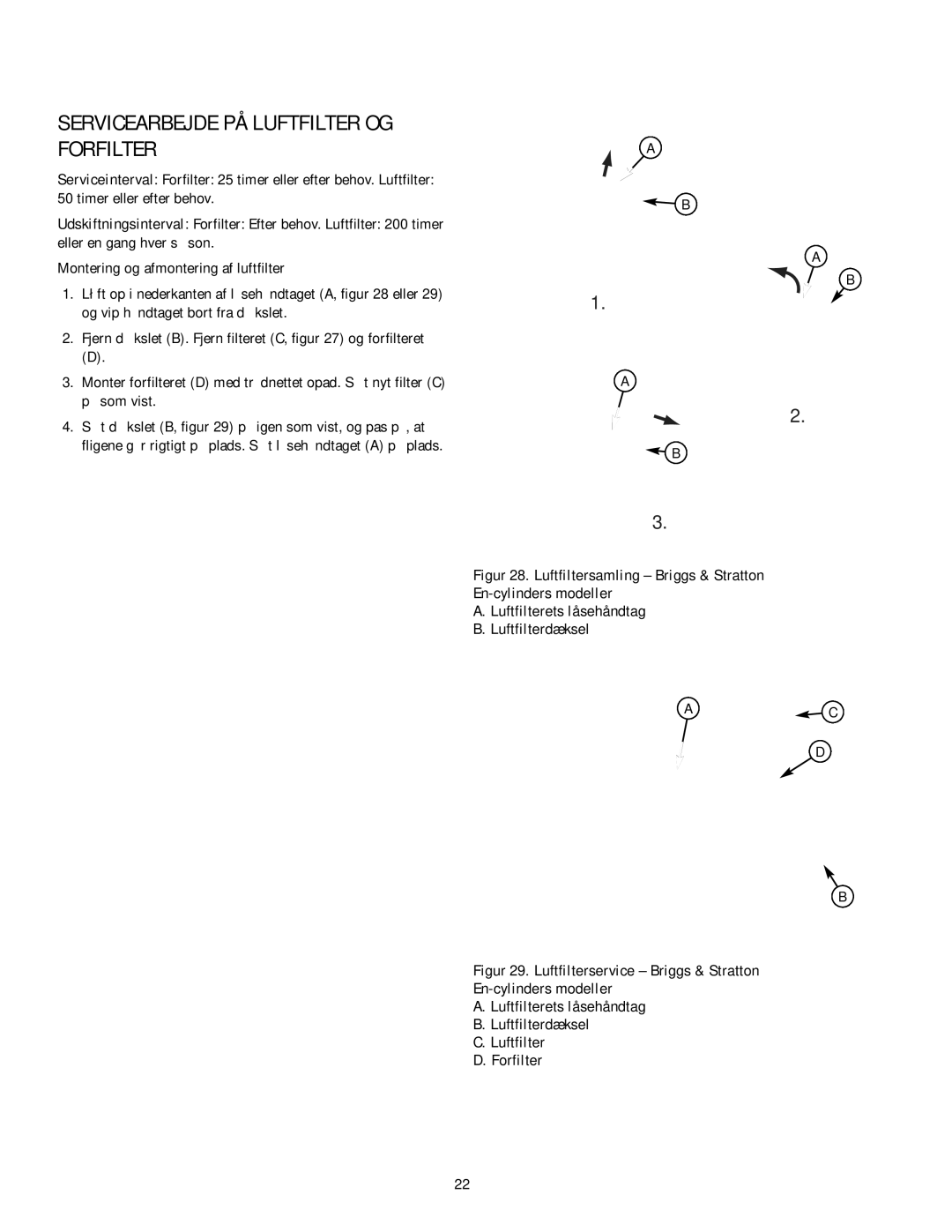 Simplicity TP 113 4470 02 instruction sheet Servicearbejde PÅ Luftfilter OG Forfilter 