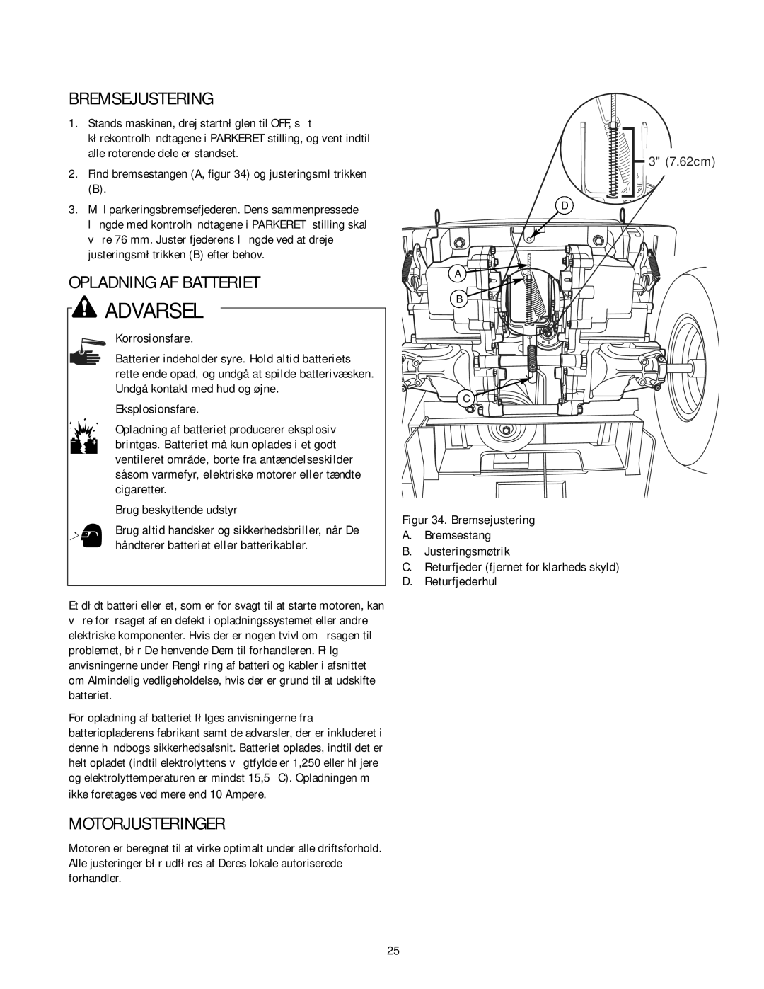 Simplicity TP 113 4470 02 instruction sheet Bremsejustering, Opladning AF Batteriet, Motorjusteringer, Korrosionsfare 