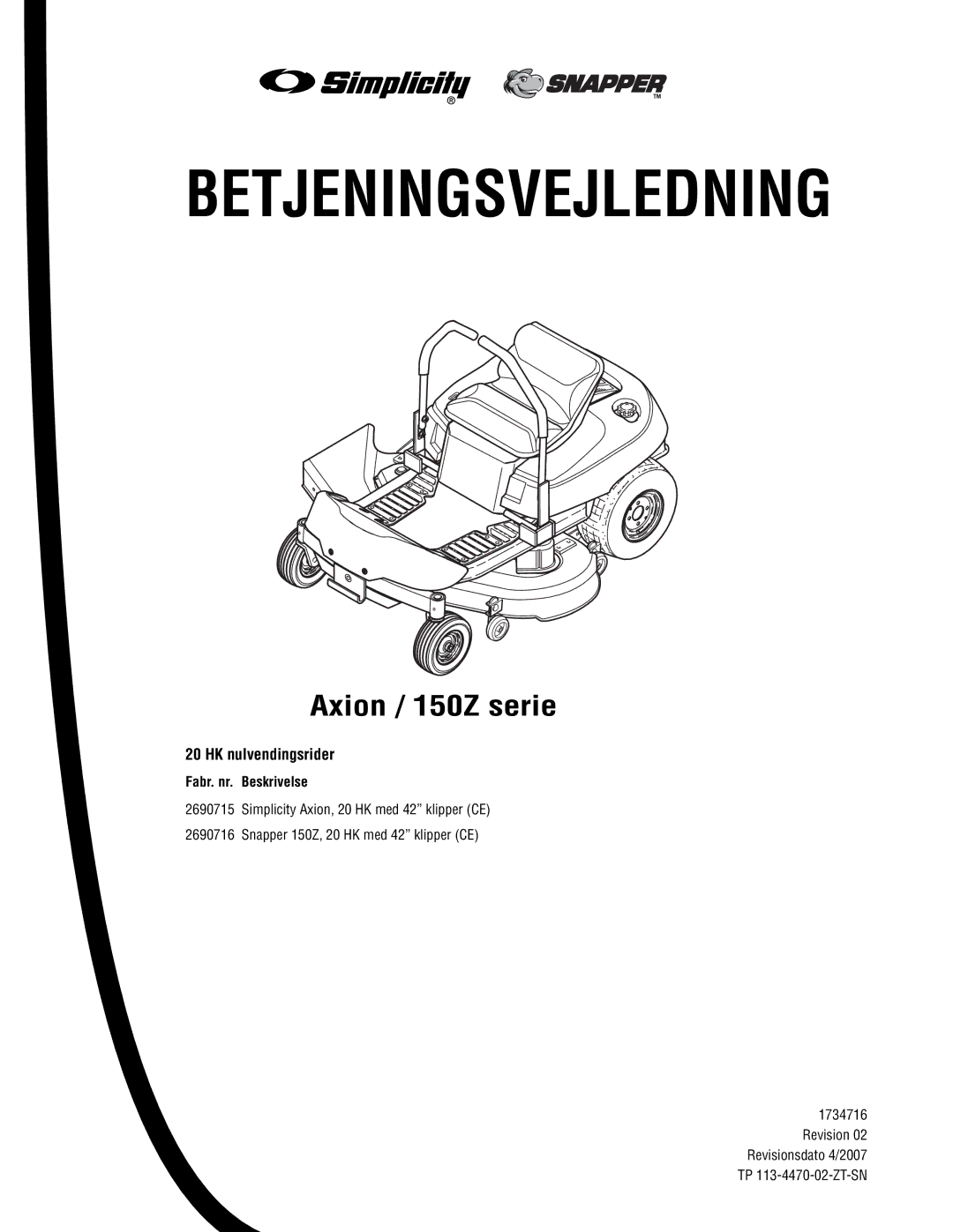 Simplicity TP 113 4470 02 instruction sheet Betjeningsvejledning, HK nulvendingsrider 