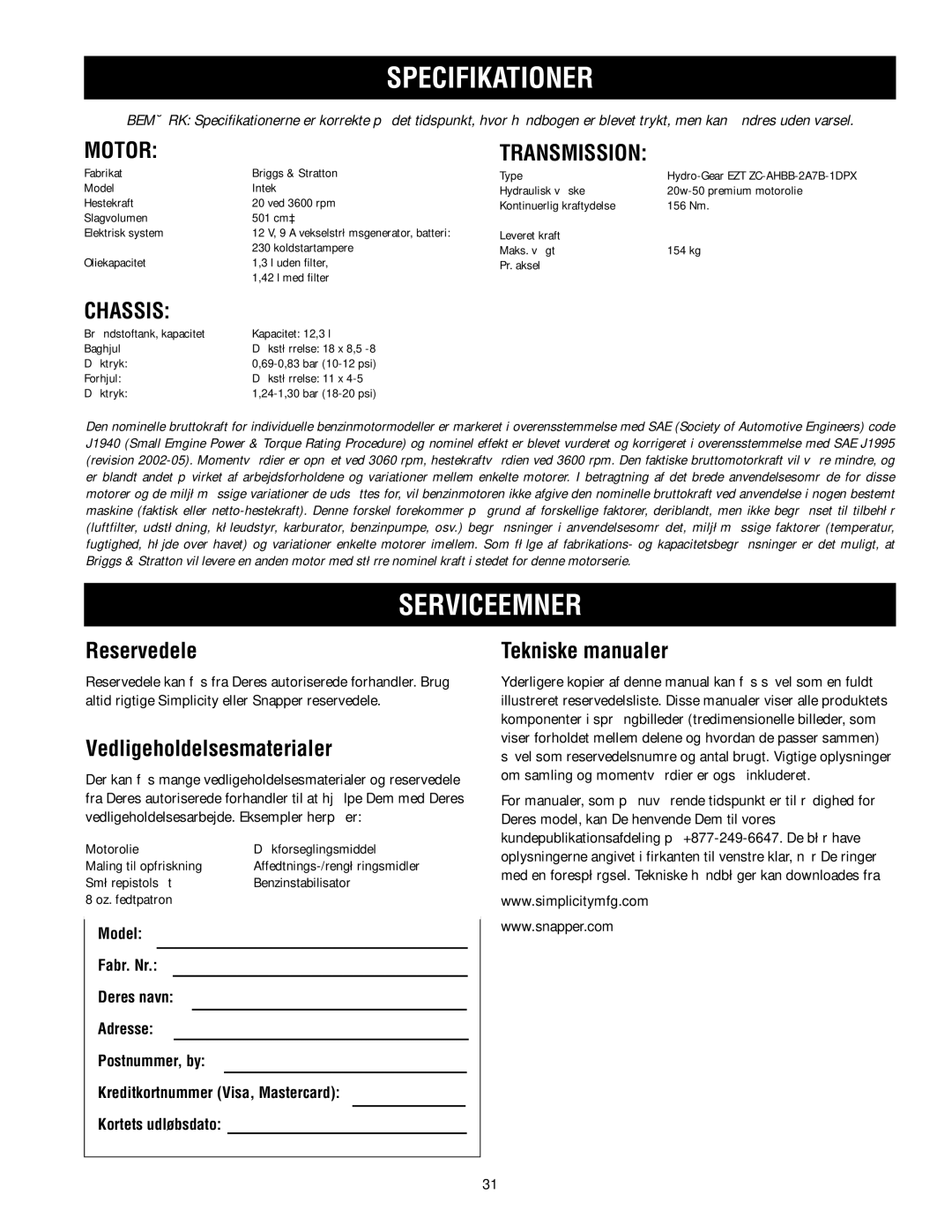 Simplicity TP 113 4470 02 instruction sheet Specifikationer, Serviceemner, Motor, Chassis 