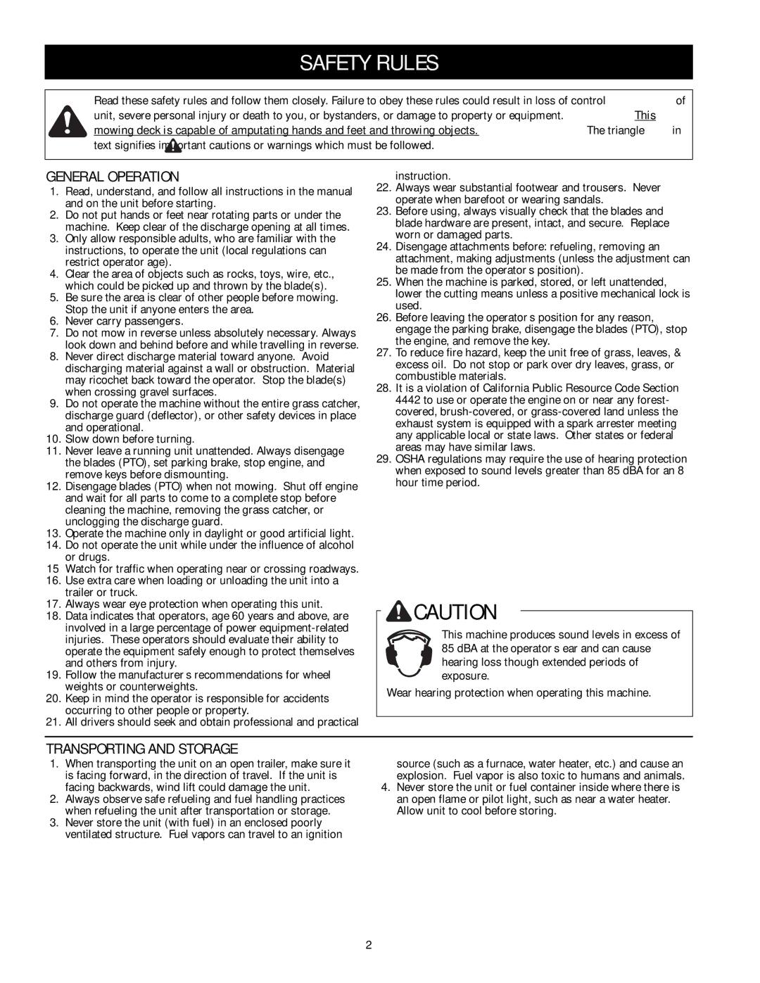 Simplicity TP 113 4470 02 instruction sheet Safety Rules, General Operation, Transporting and Storage 