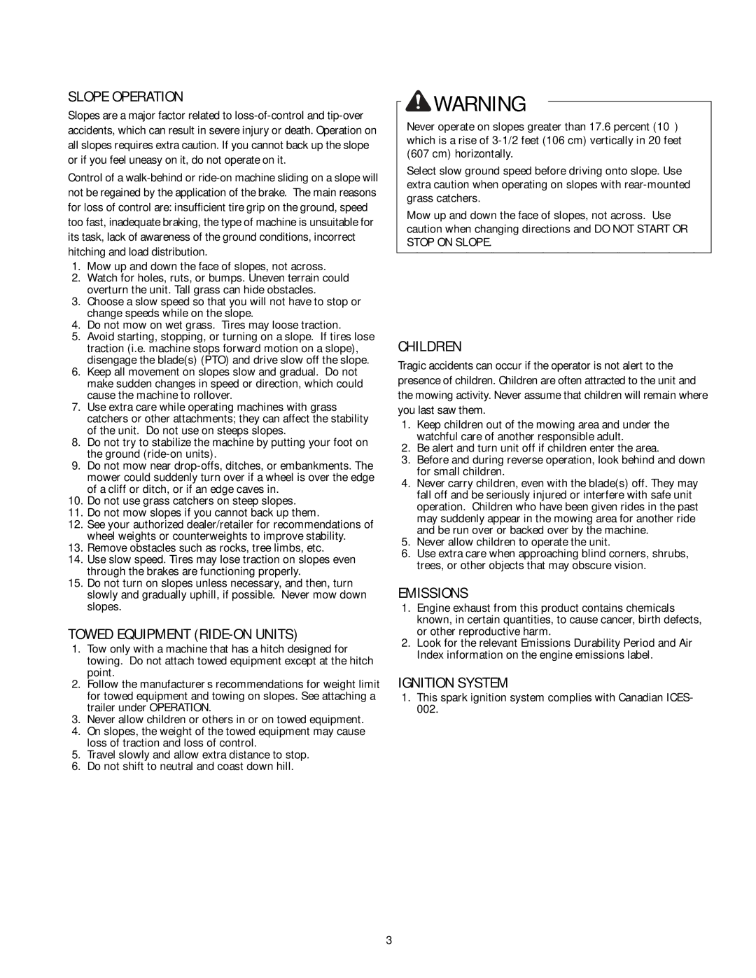 Simplicity TP 113 4470 02 Slope Operation, Towed Equipment RIDE-ON Units, Children, Emissions, Ignition System 