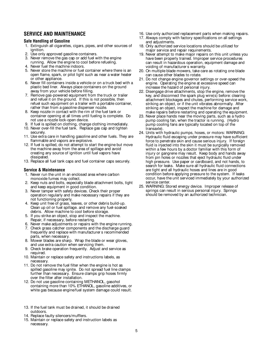 Simplicity TP 113 4470 02 instruction sheet Service and Maintenance, Safe Handling of Gasoline, Service & Maintenance 