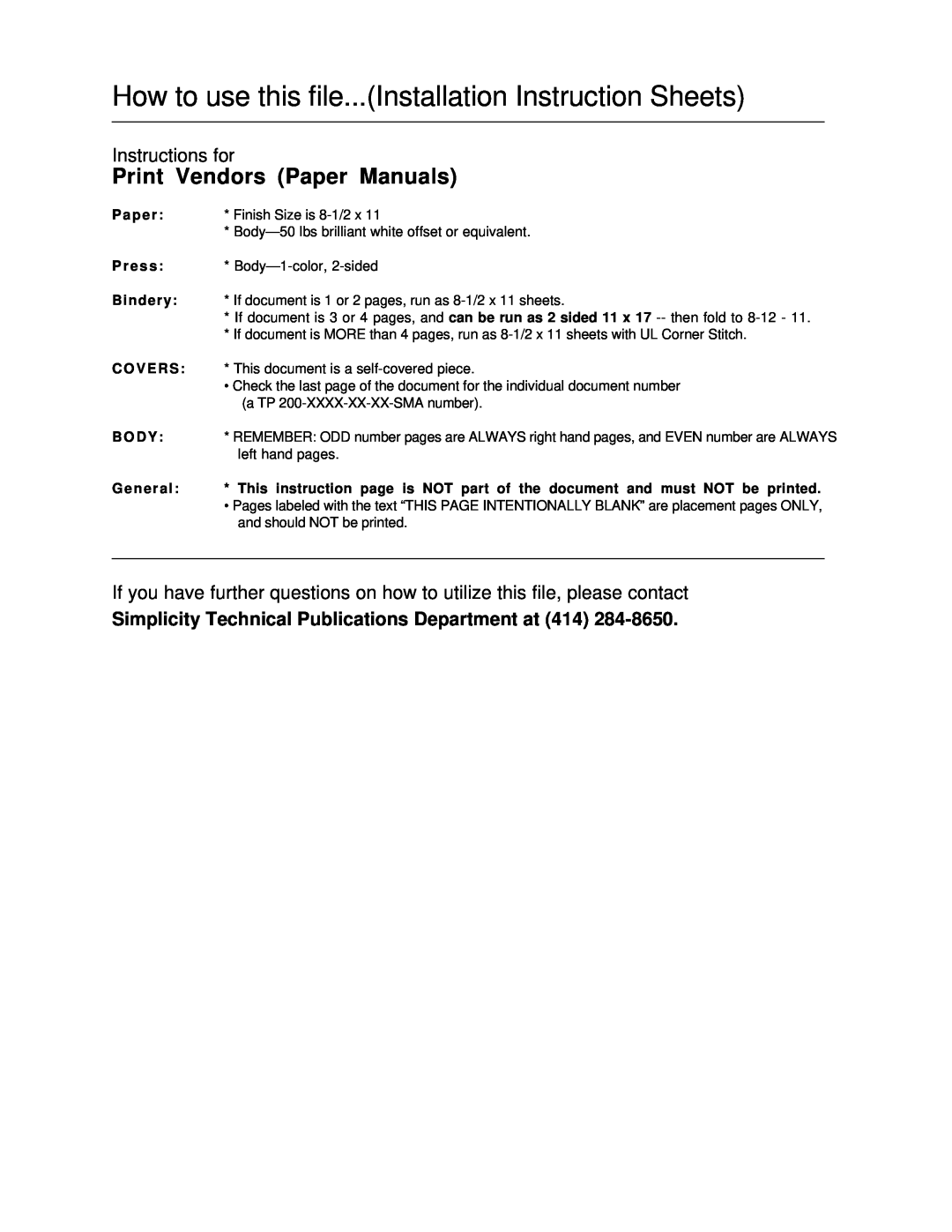 Simplicity TP 200-2121-01-SK-S installation instructions Print Vendors Paper Manuals, Instructions for, C O V E R S 