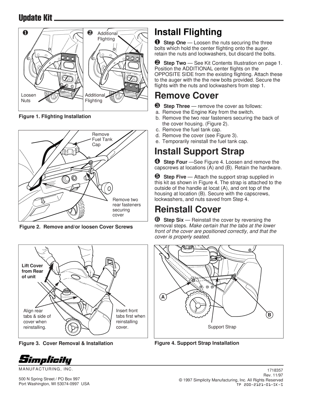 Simplicity TP 200-2121-01-SK-S Update Kit, Install Flighting, Remove Cover, Install Support Strap, Reinstall Cover 