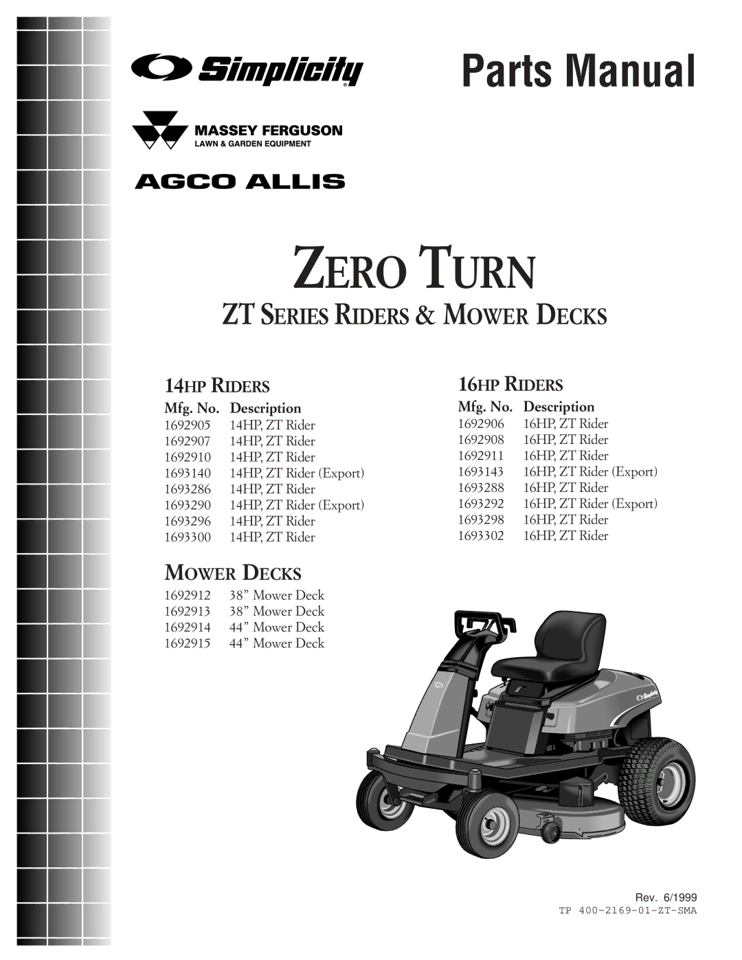 Simplicity TP 400-2169-01-ZT-SMA manual Parts Manual 