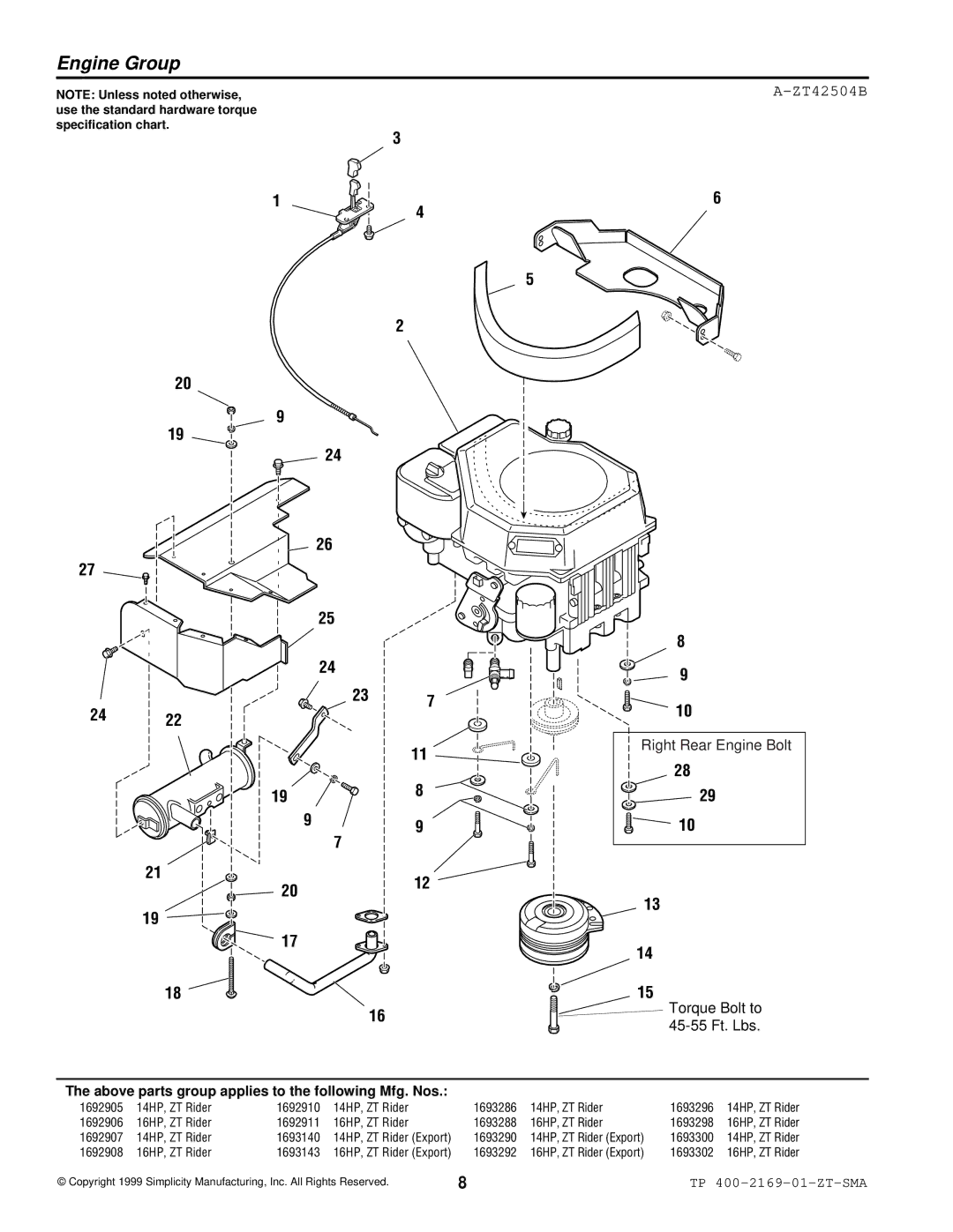 Simplicity TP 400-2169-01-ZT-SMA manual Engine Group, ZT42504B 