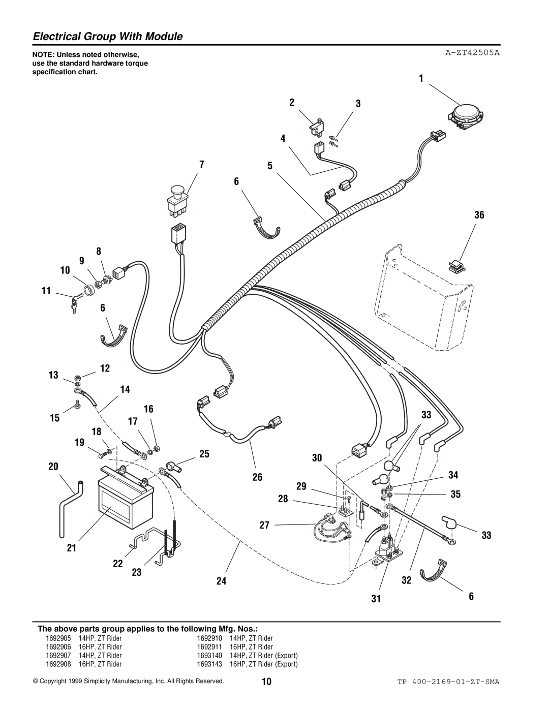 Simplicity TP 400-2169-01-ZT-SMA manual Electrical Group With Module, ZT42505A 