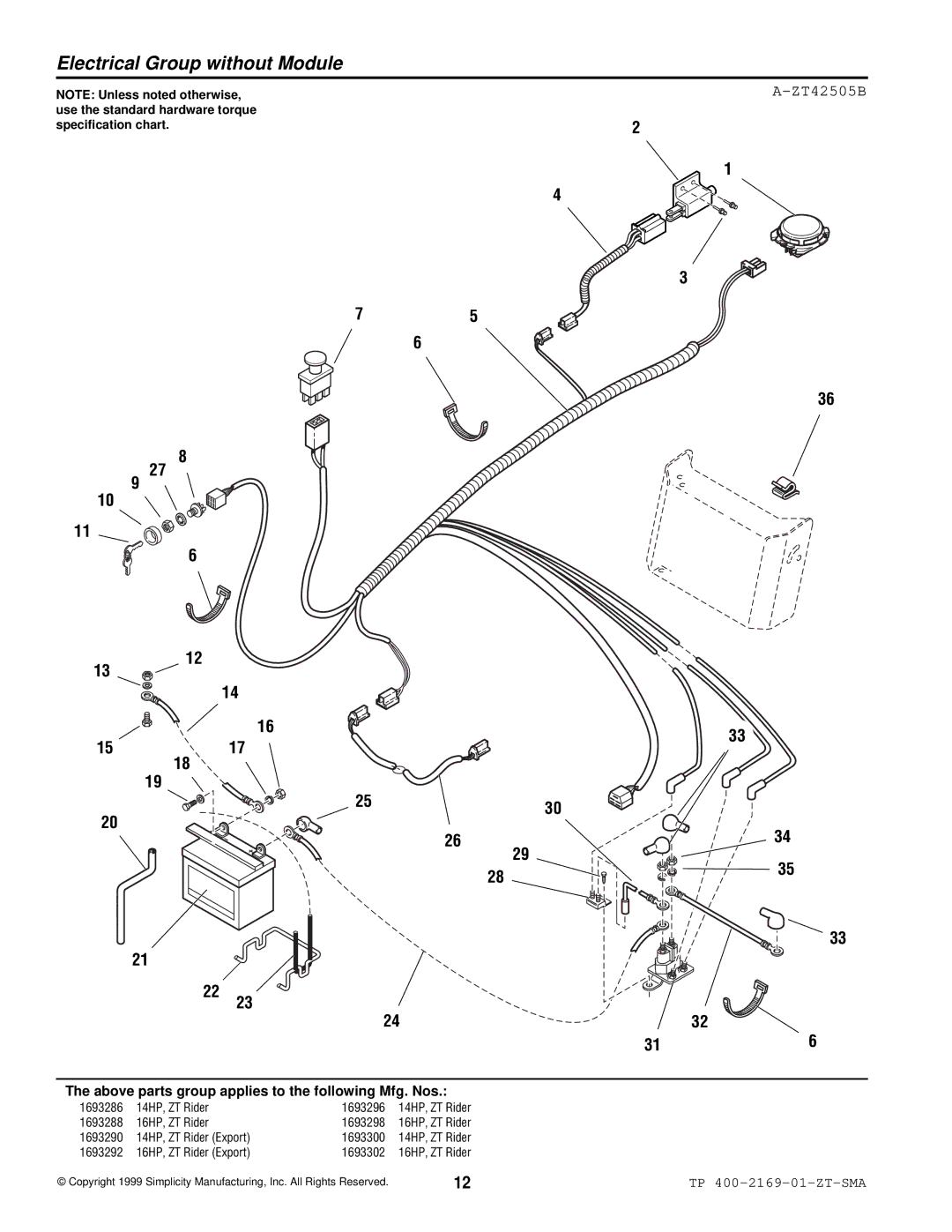 Simplicity TP 400-2169-01-ZT-SMA manual Electrical Group without Module, ZT42505B 