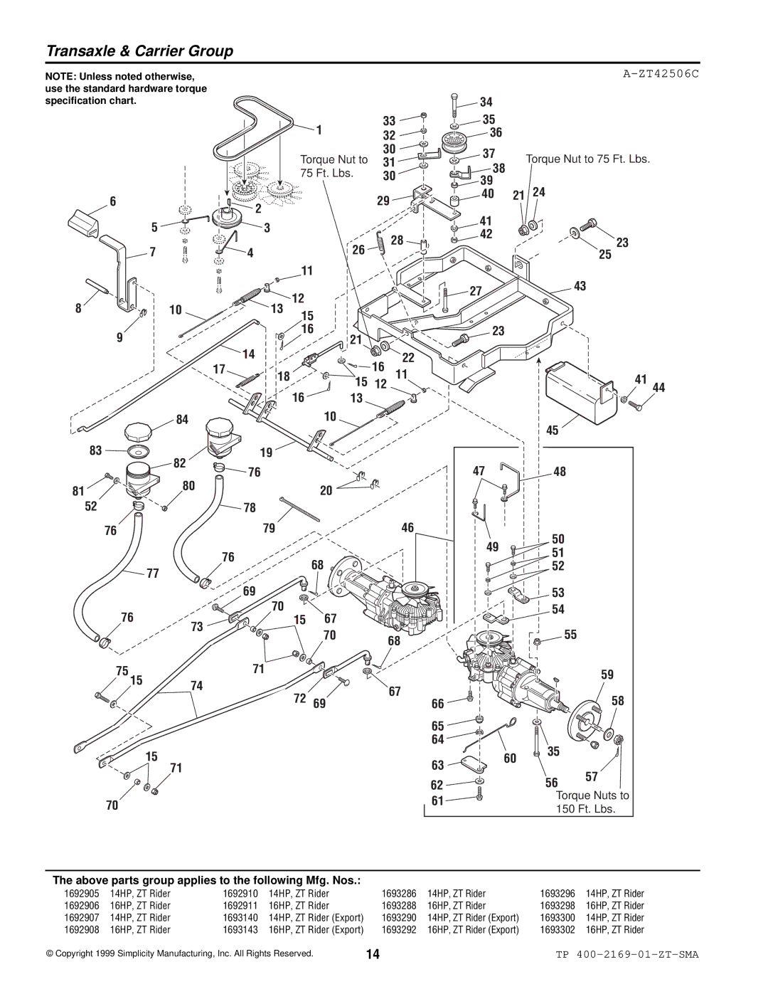 Simplicity TP 400-2169-01-ZT-SMA manual Transaxle & Carrier Group, ZT42506C, 1013 40 21 2743 